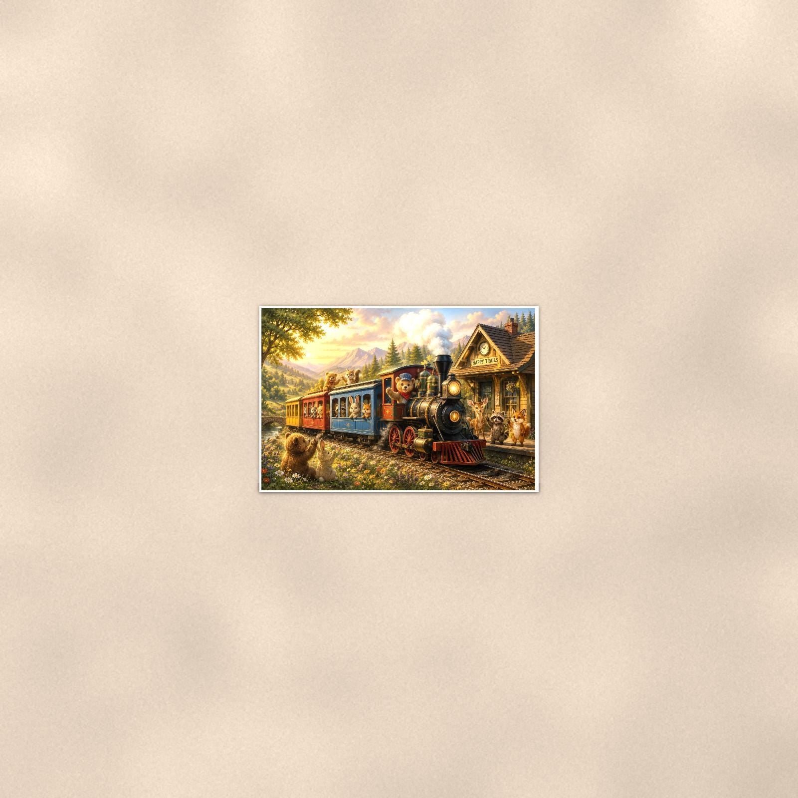 Storybook Mountain Train — 36x24 in art print poster, premium luster paper with a white border; poster seen from further back, at true 24x36 in scale on a warm wall.