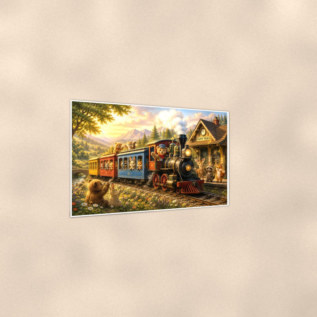 Storybook Mountain Train — 36x24 in art print poster, premium luster paper with a white border; gentle three-quarter angle on a warm wall, showing the flat paper edge.