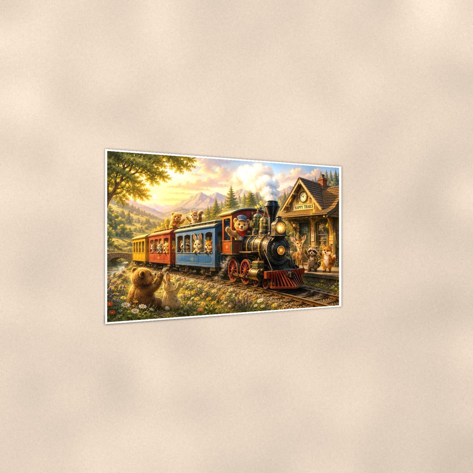 Storybook Mountain Train — 36x24 in art print poster, premium luster paper with a white border; gentle three-quarter angle on a warm wall, showing the flat paper edge.