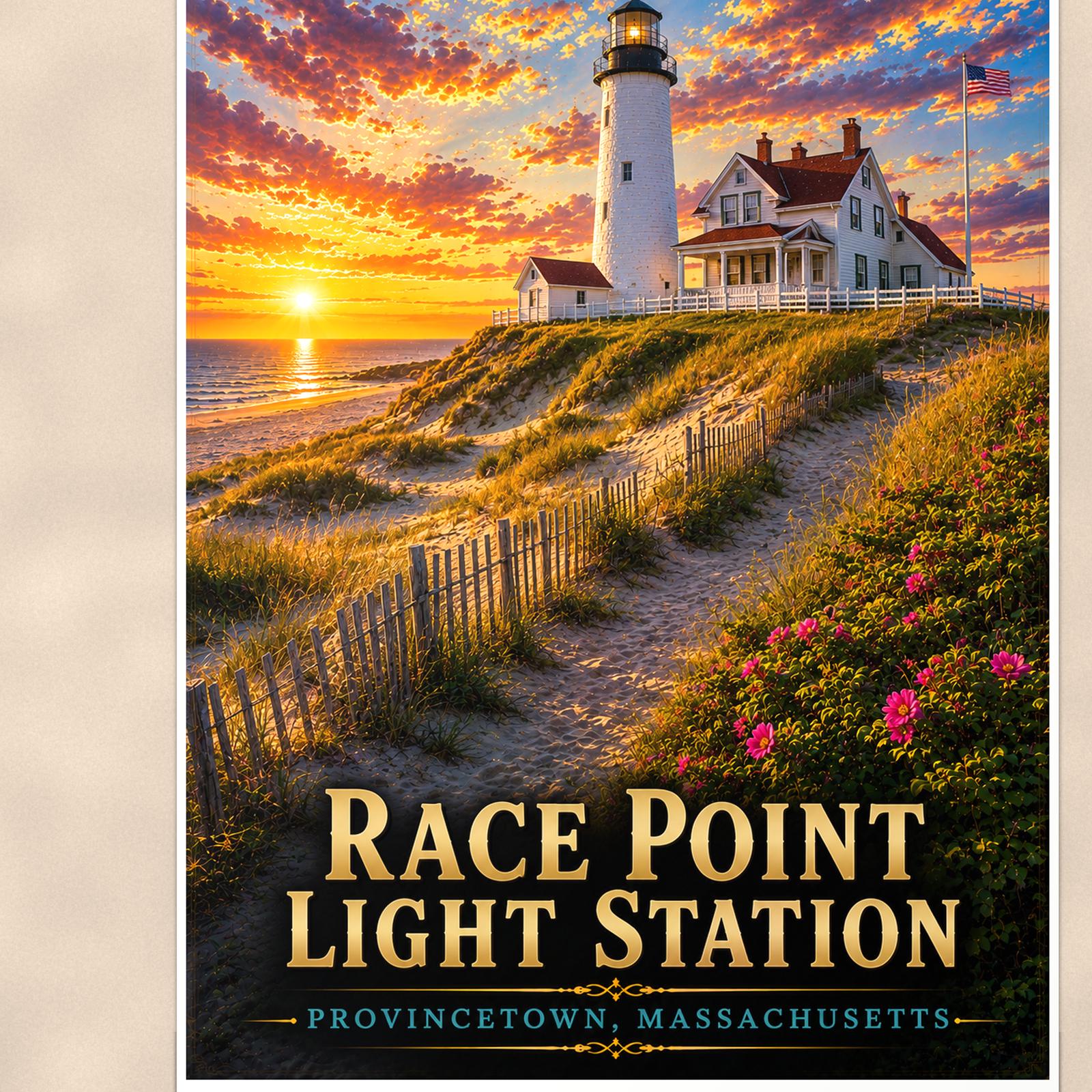 Coastal lighthouse at sunset — 24x36 in art print poster, premium luster paper with a white border; close-up framed on the main subject of the artwork, paper surface visible.