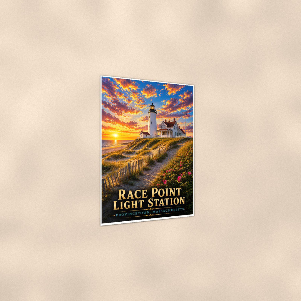 Coastal lighthouse at sunset — 24x36 in art print poster, premium luster paper with a white border; gentle three-quarter angle on a warm wall, showing the flat paper edge.