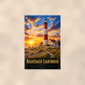 Coastal lighthouse at sunset — 24x36 in art print poster, premium luster paper with a white border; poster shown straight on against a warm wall.