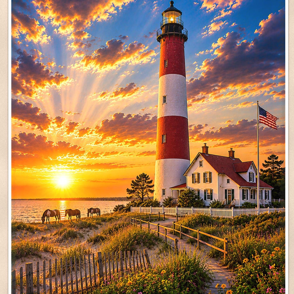 Coastal lighthouse at sunset — 24x36 in art print poster, premium luster paper with a white border; close-up framed on the main subject of the artwork, paper surface visible.