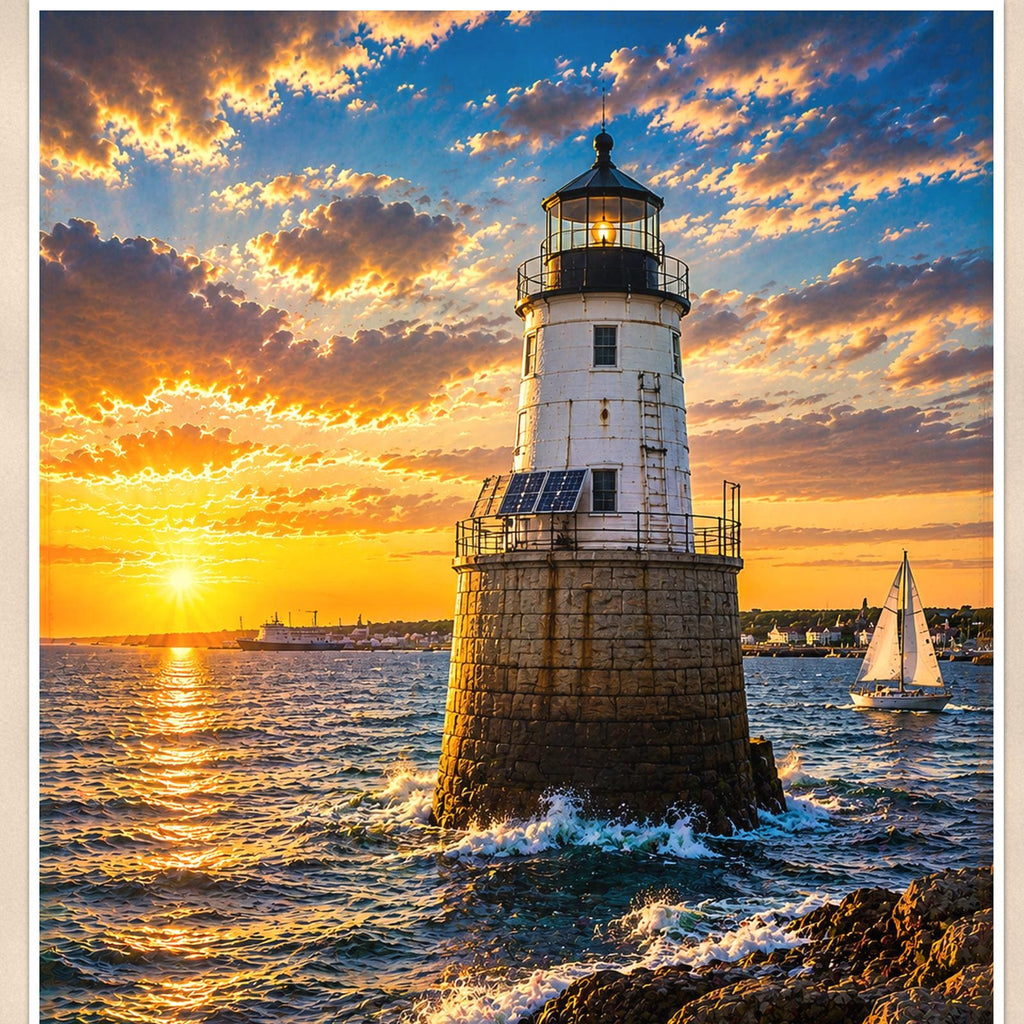 Coastal lighthouse at sunset — 24x36 in art print poster, premium luster paper with a white border; close-up framed on the main subject of the artwork, paper surface visible.