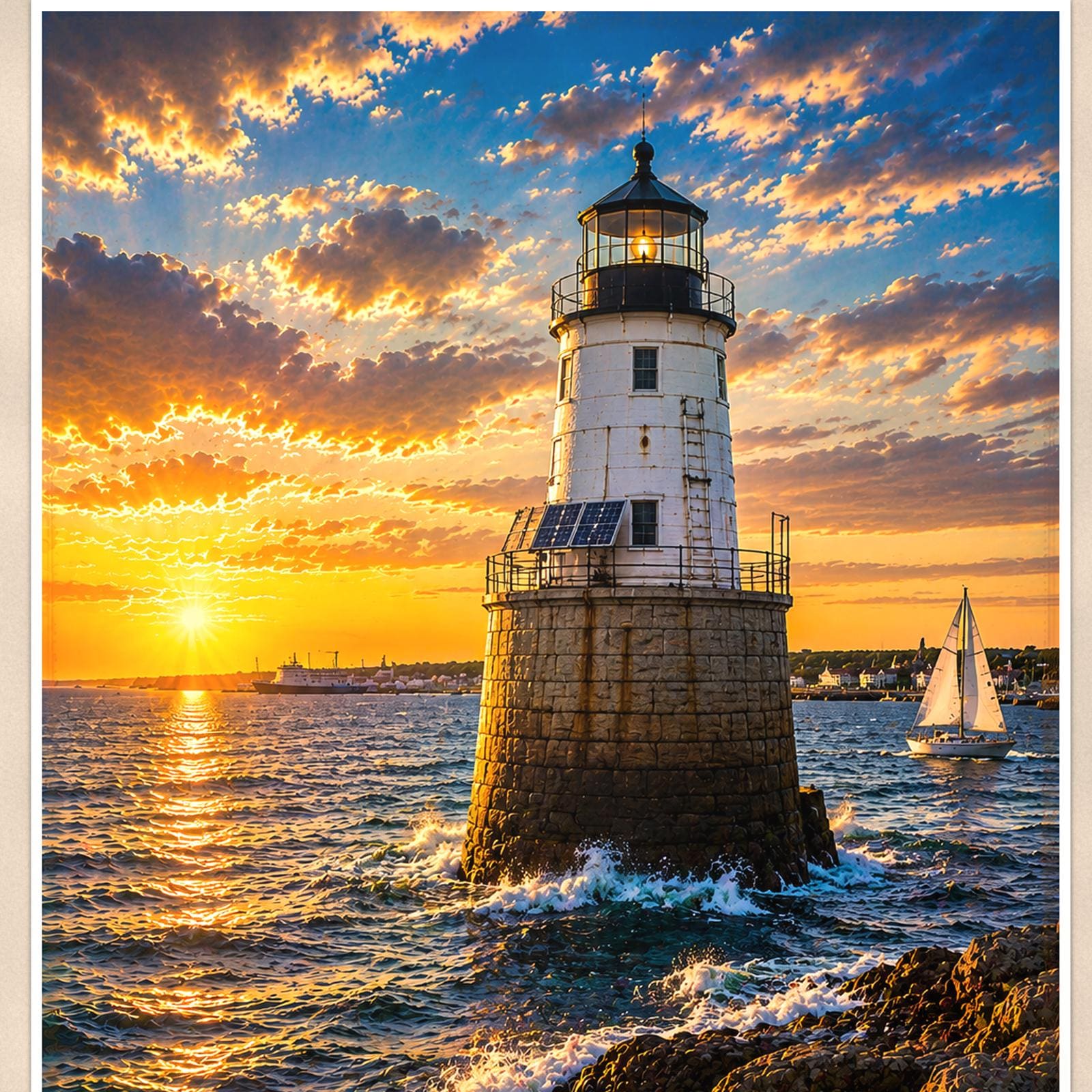 Coastal lighthouse at sunset — 24x36 in art print poster, premium luster paper with a white border; close-up framed on the main subject of the artwork, paper surface visible.