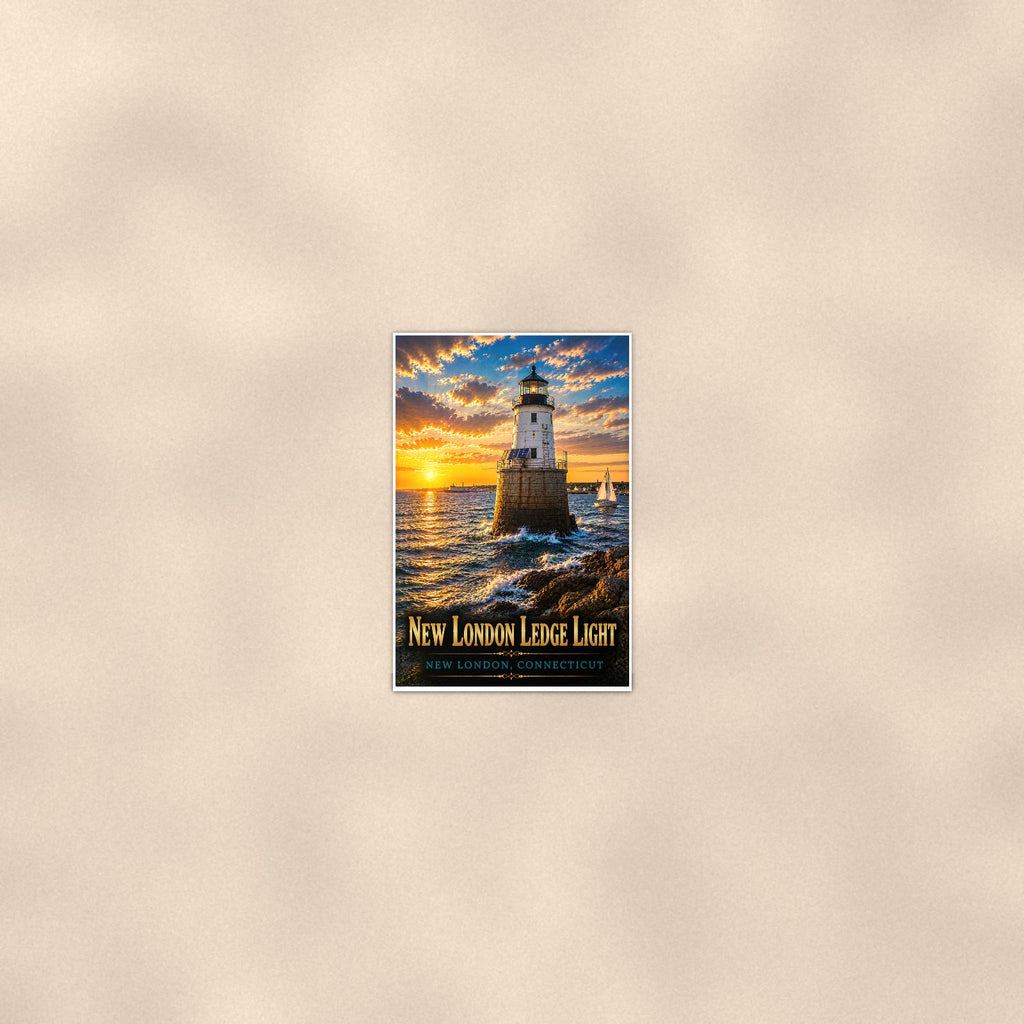 Coastal lighthouse at sunset — 24x36 in art print poster, premium luster paper with a white border; poster seen from further back, at true 24x36 in scale on a warm wall.