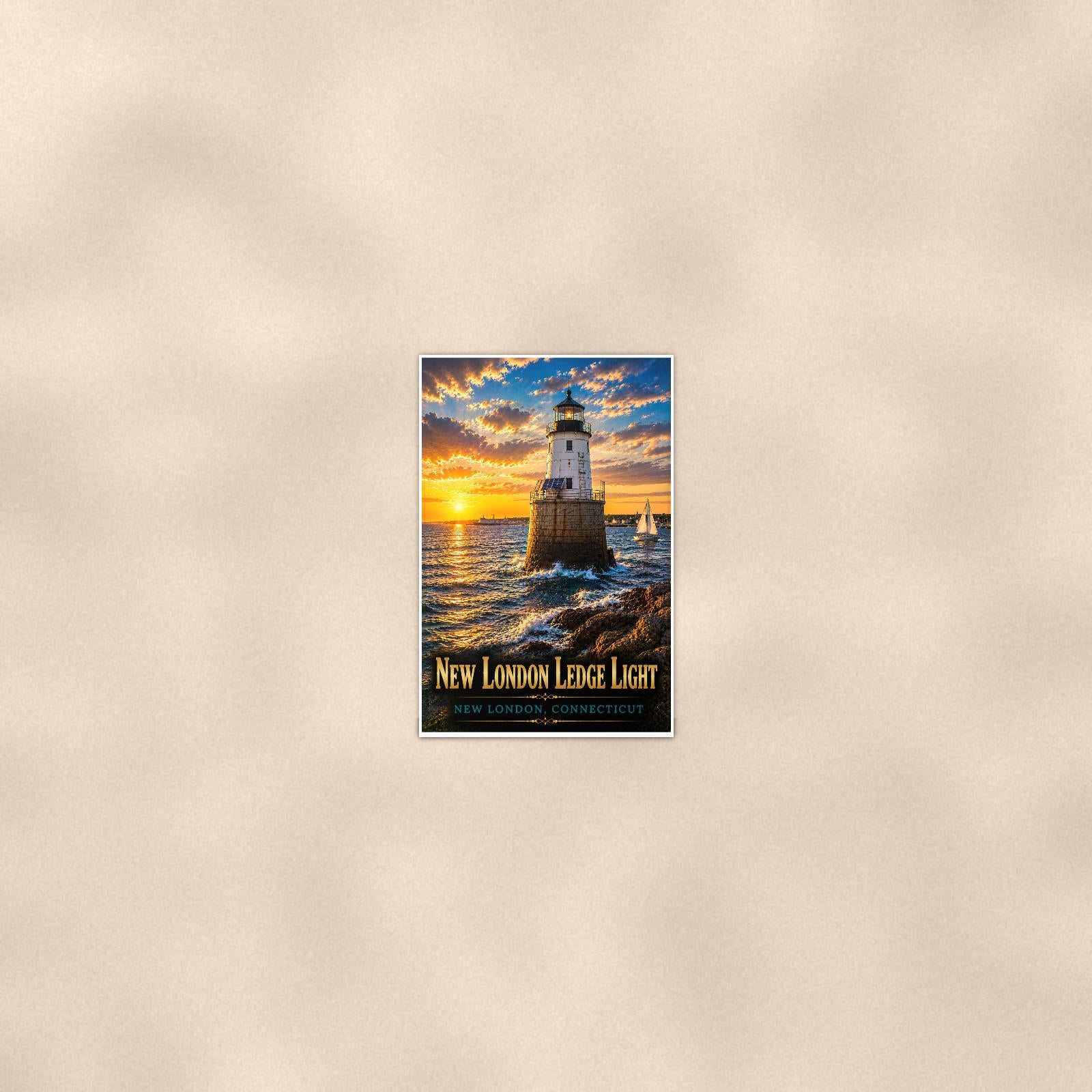 Coastal lighthouse at sunset — 24x36 in art print poster, premium luster paper with a white border; poster seen from further back, at true 24x36 in scale on a warm wall.