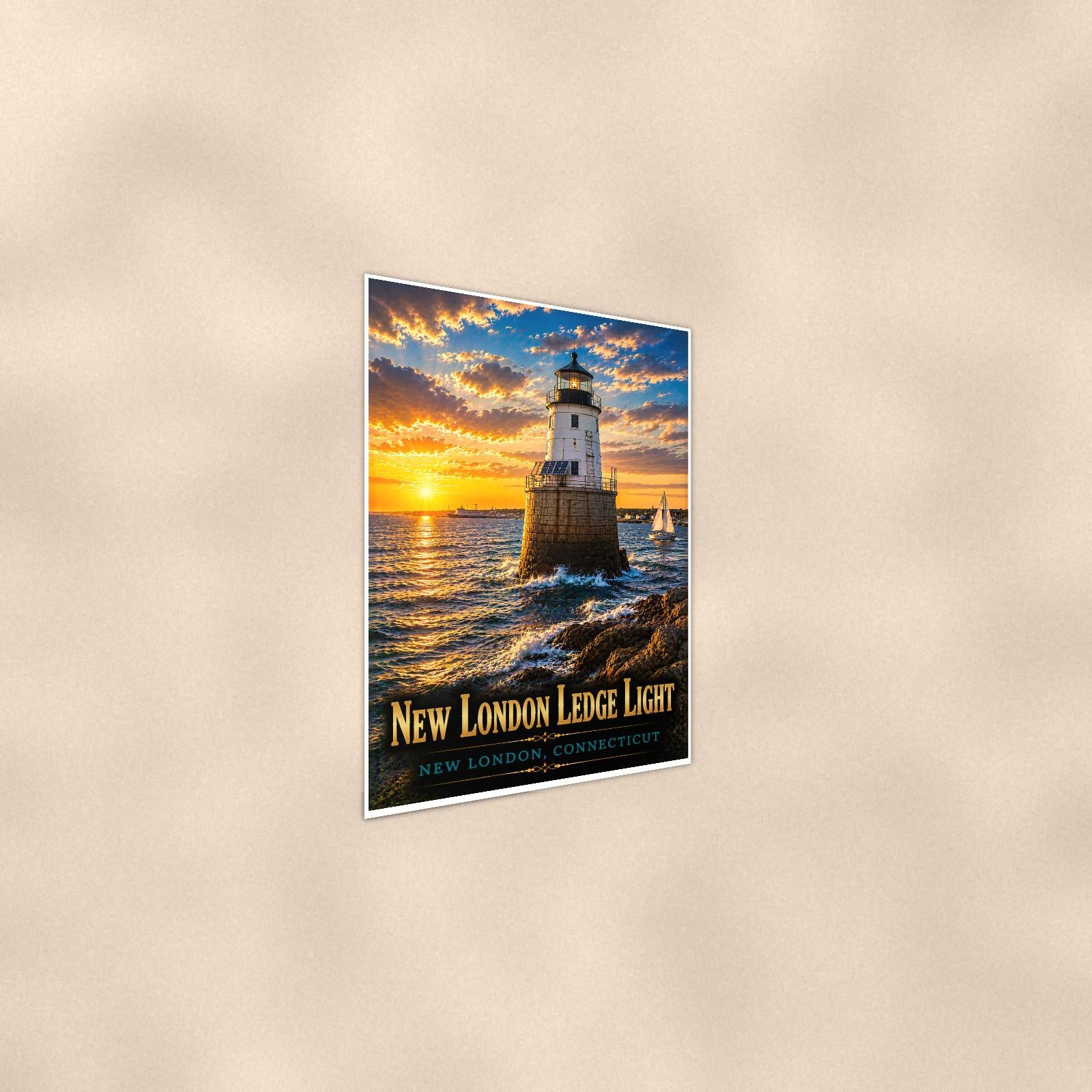 Coastal lighthouse at sunset — 24x36 in art print poster, premium luster paper with a white border; steeper three-quarter angle on a warm wall, catching the luster sheen.