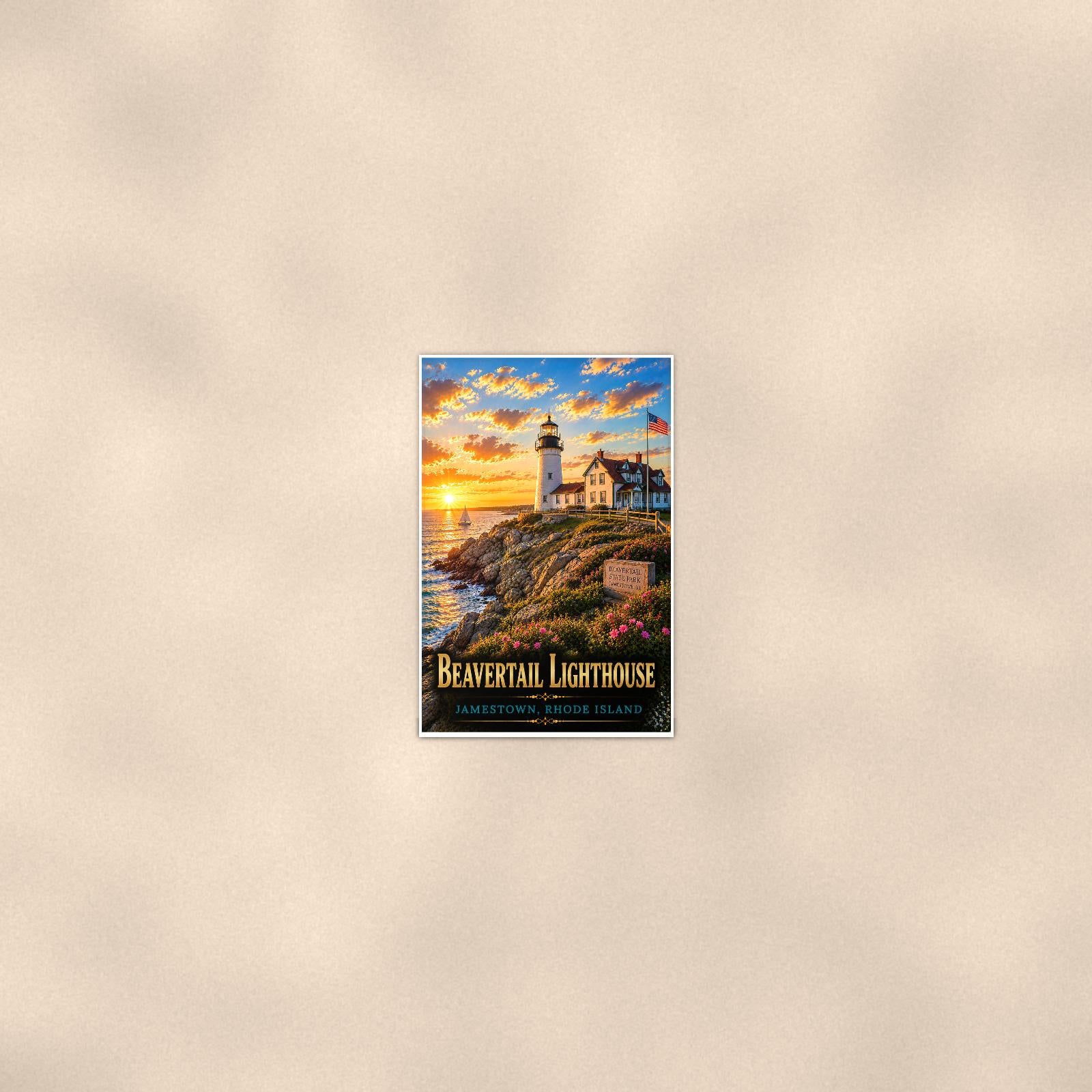 Coastal lighthouse at sunset — 24x36 in art print poster, premium luster paper with a white border; poster seen from further back, at true 24x36 in scale on a warm wall.