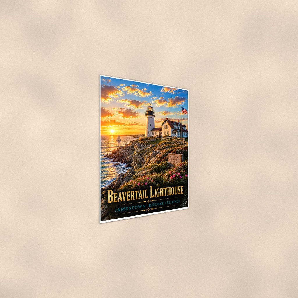 Coastal lighthouse at sunset — 24x36 in art print poster, premium luster paper with a white border; steeper three-quarter angle on a warm wall, catching the luster sheen.