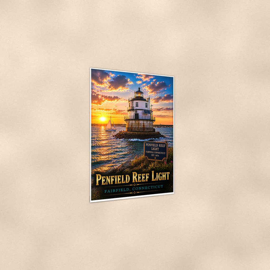 Coastal lighthouse at sunset — 24x36 in art print poster, premium luster paper with a white border; gentle three-quarter angle on a warm wall, showing the flat paper edge.