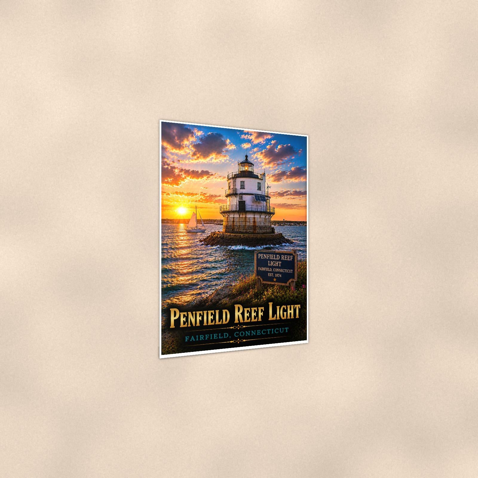 Coastal lighthouse at sunset — 24x36 in art print poster, premium luster paper with a white border; gentle three-quarter angle on a warm wall, showing the flat paper edge.