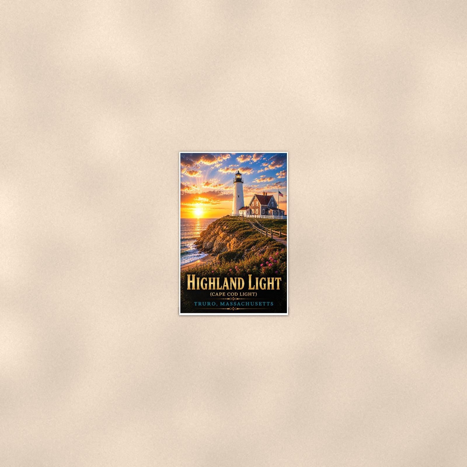 Coastal lighthouse at sunset — 24x36 in art print poster, premium luster paper with a white border; poster seen from further back, at true 24x36 in scale on a warm wall.