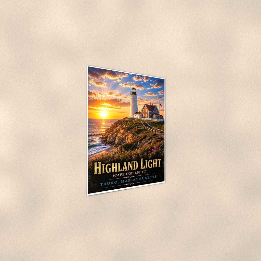 Coastal lighthouse at sunset — 24x36 in art print poster, premium luster paper with a white border; steeper three-quarter angle on a warm wall, catching the luster sheen.