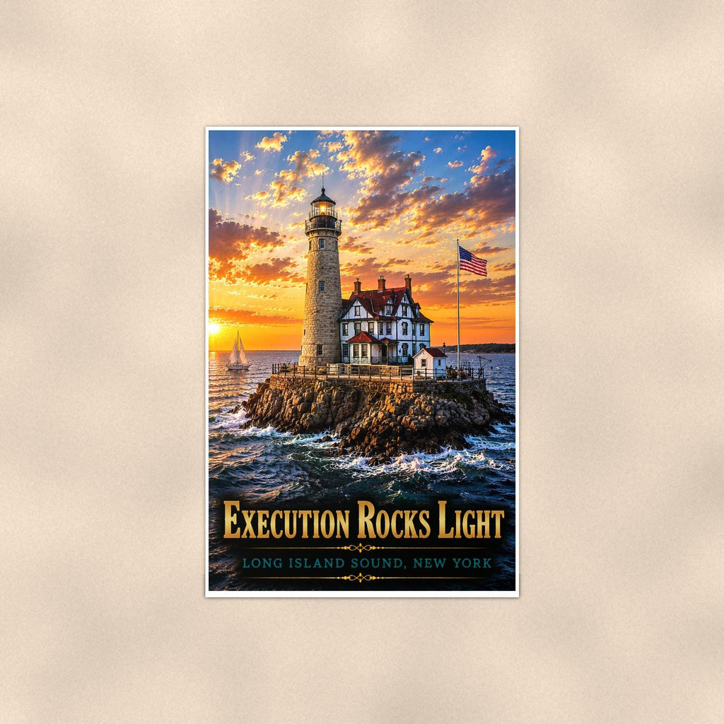 Coastal lighthouse at sunset — 24x36 in art print poster, premium luster paper with a white border; poster shown straight on against a warm wall.