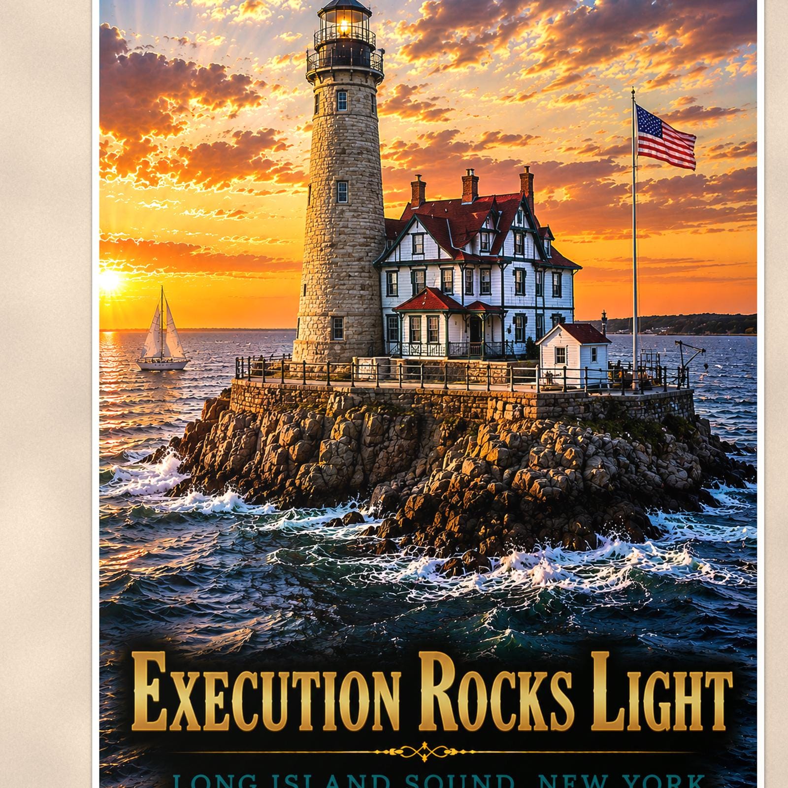 Coastal lighthouse at sunset — 24x36 in art print poster, premium luster paper with a white border; close-up framed on the main subject of the artwork, paper surface visible.