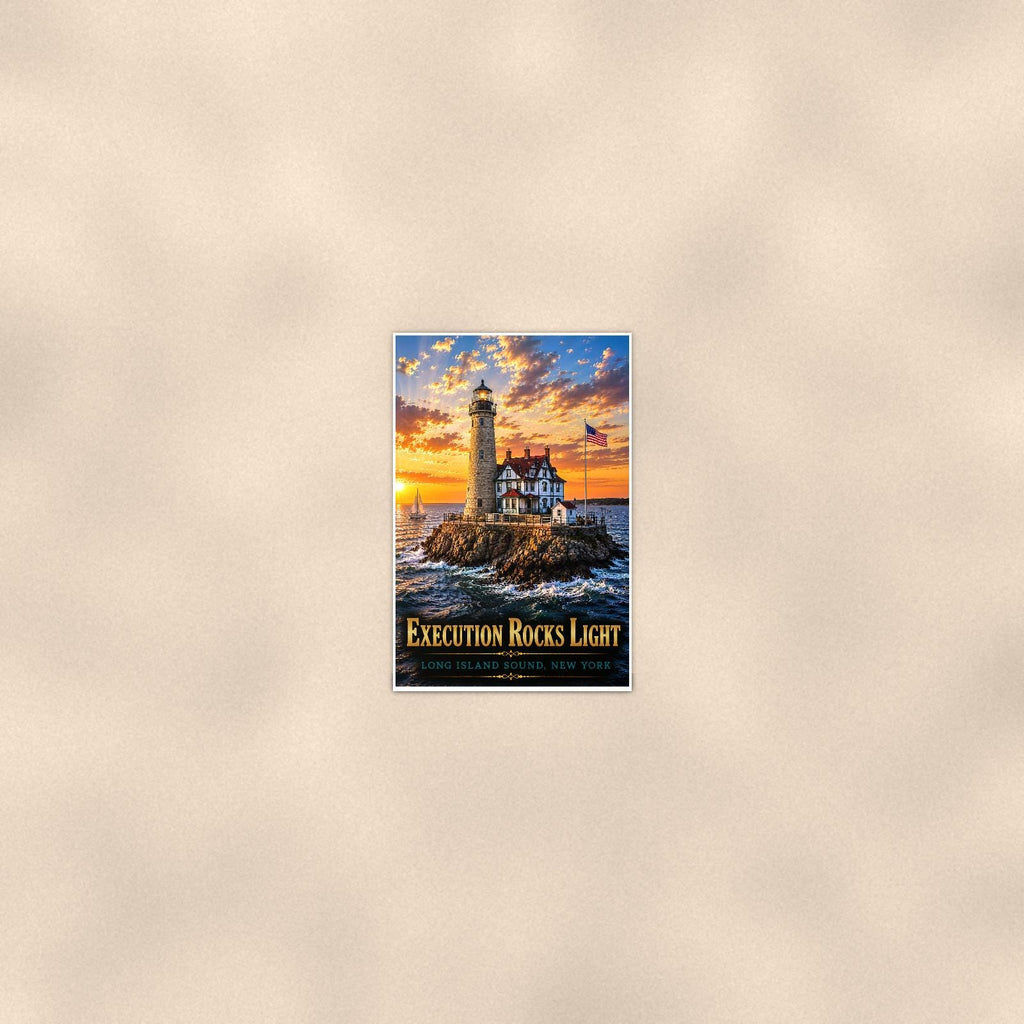 Coastal lighthouse at sunset — 24x36 in art print poster, premium luster paper with a white border; poster seen from further back, at true 24x36 in scale on a warm wall.