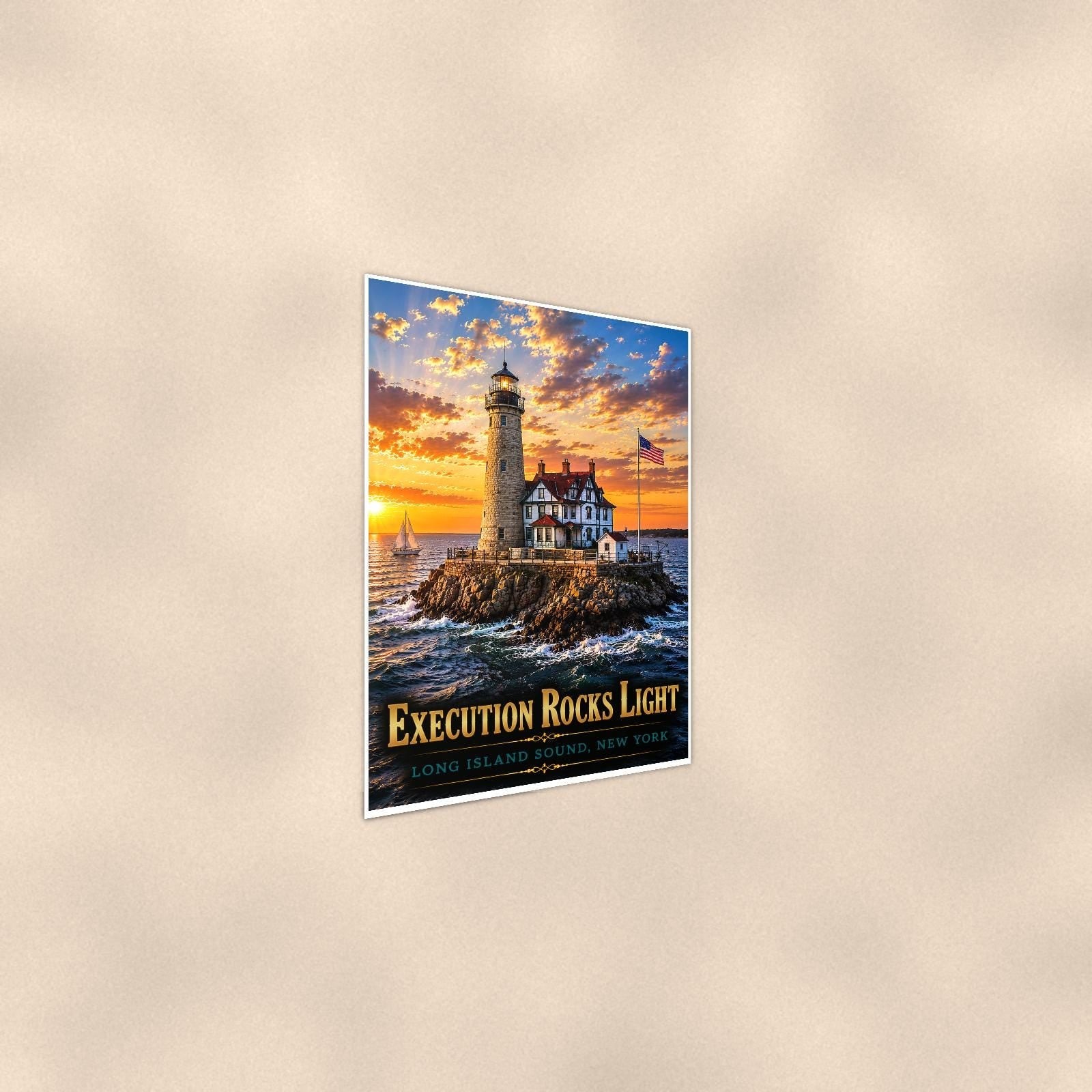 Coastal lighthouse at sunset — 24x36 in art print poster, premium luster paper with a white border; steeper three-quarter angle on a warm wall, catching the luster sheen.
