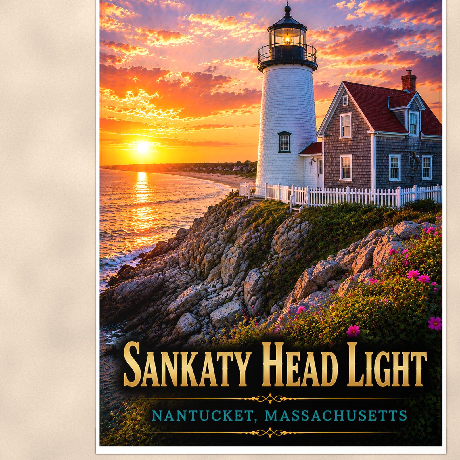 Coastal lighthouse at sunset — 24x36 in art print poster, premium luster paper with a white border; close-up framed on the main subject of the artwork, paper surface visible.
