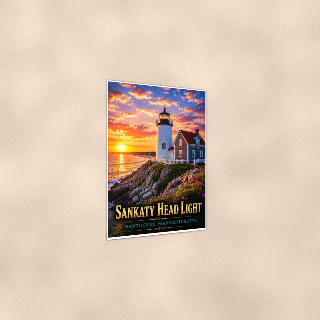 Coastal lighthouse at sunset — 24x36 in art print poster, premium luster paper with a white border; gentle three-quarter angle on a warm wall, showing the flat paper edge.
