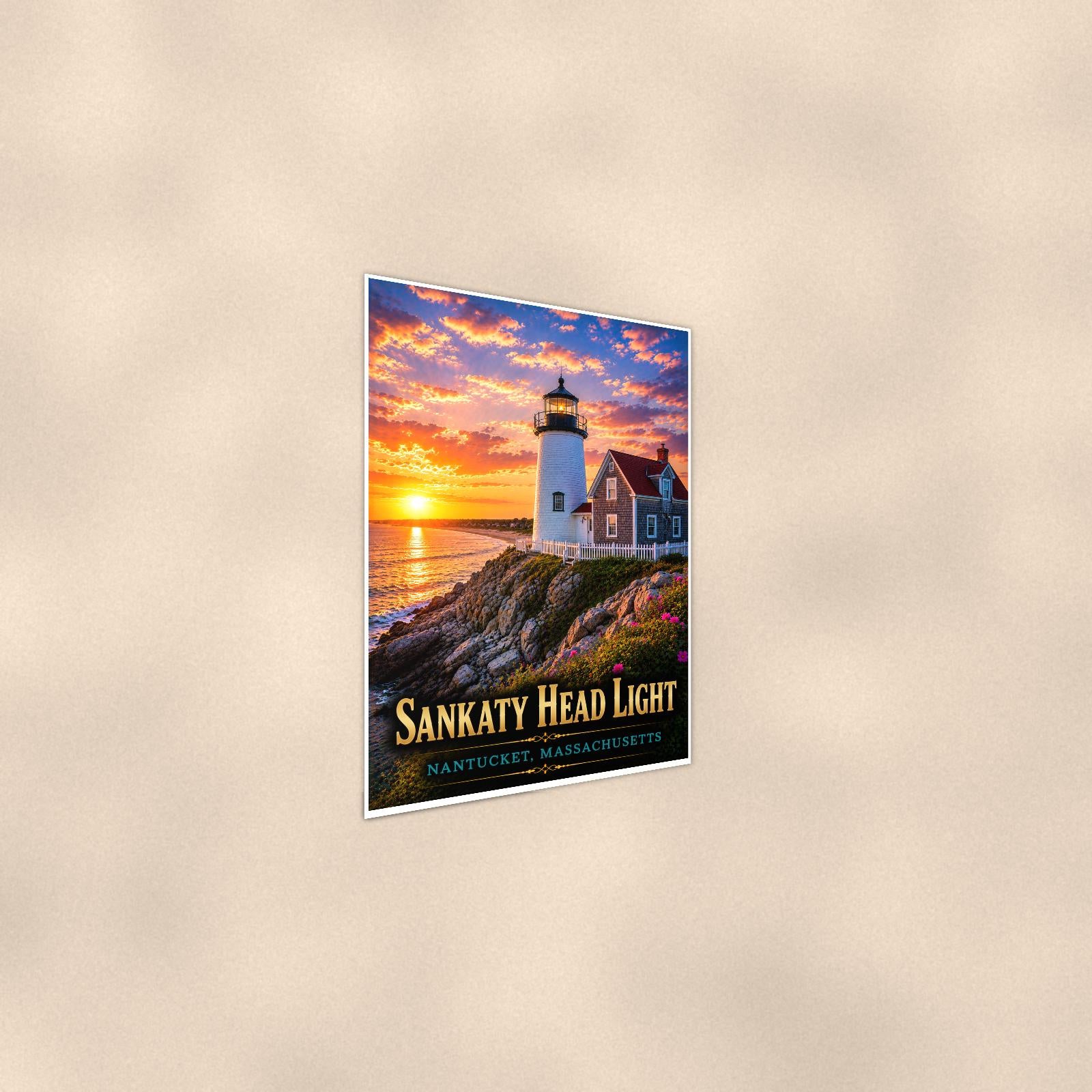 Coastal lighthouse at sunset — 24x36 in art print poster, premium luster paper with a white border; steeper three-quarter angle on a warm wall, catching the luster sheen.