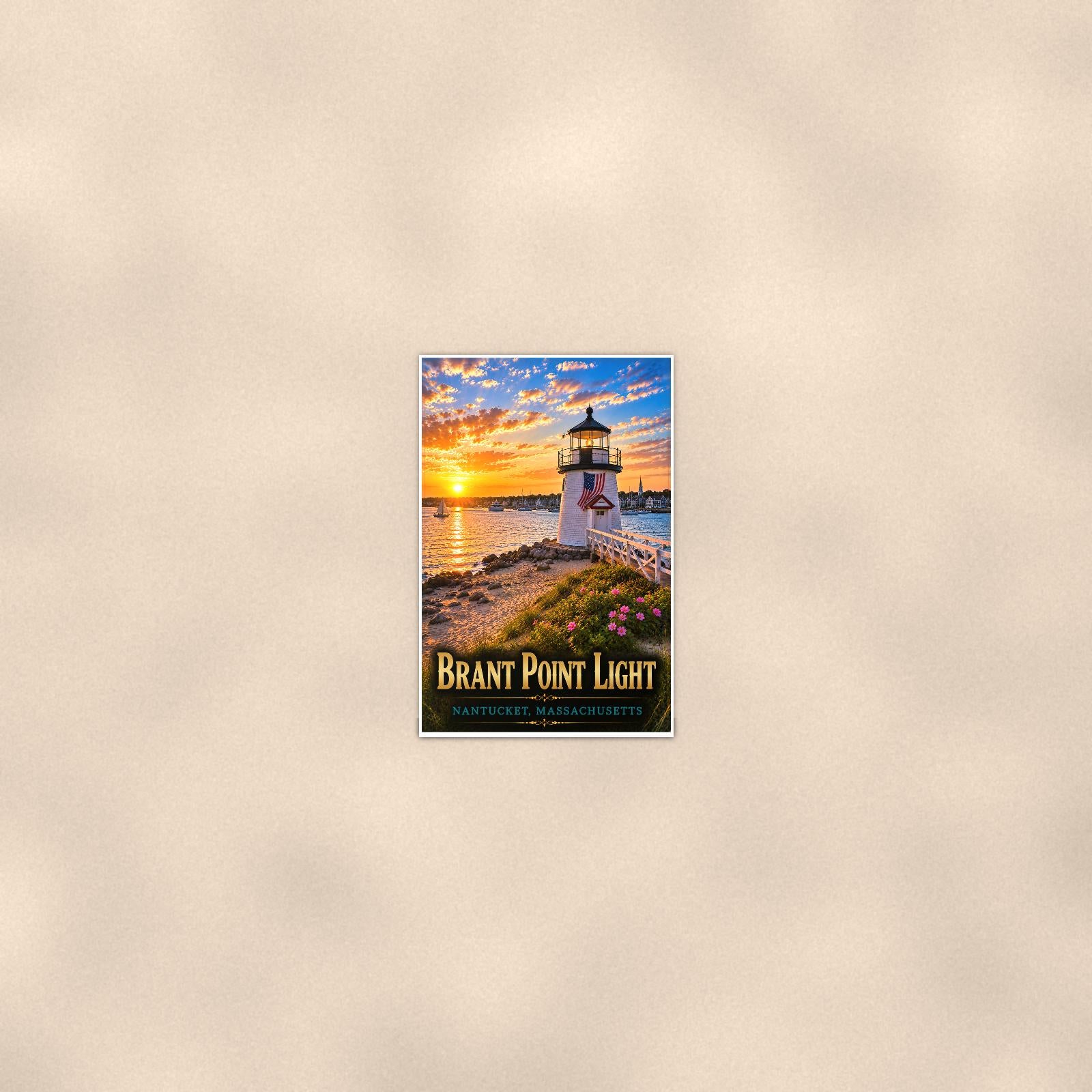 Coastal lighthouse at sunset — 24x36 in art print poster, premium luster paper with a white border; poster seen from further back, at true 24x36 in scale on a warm wall.