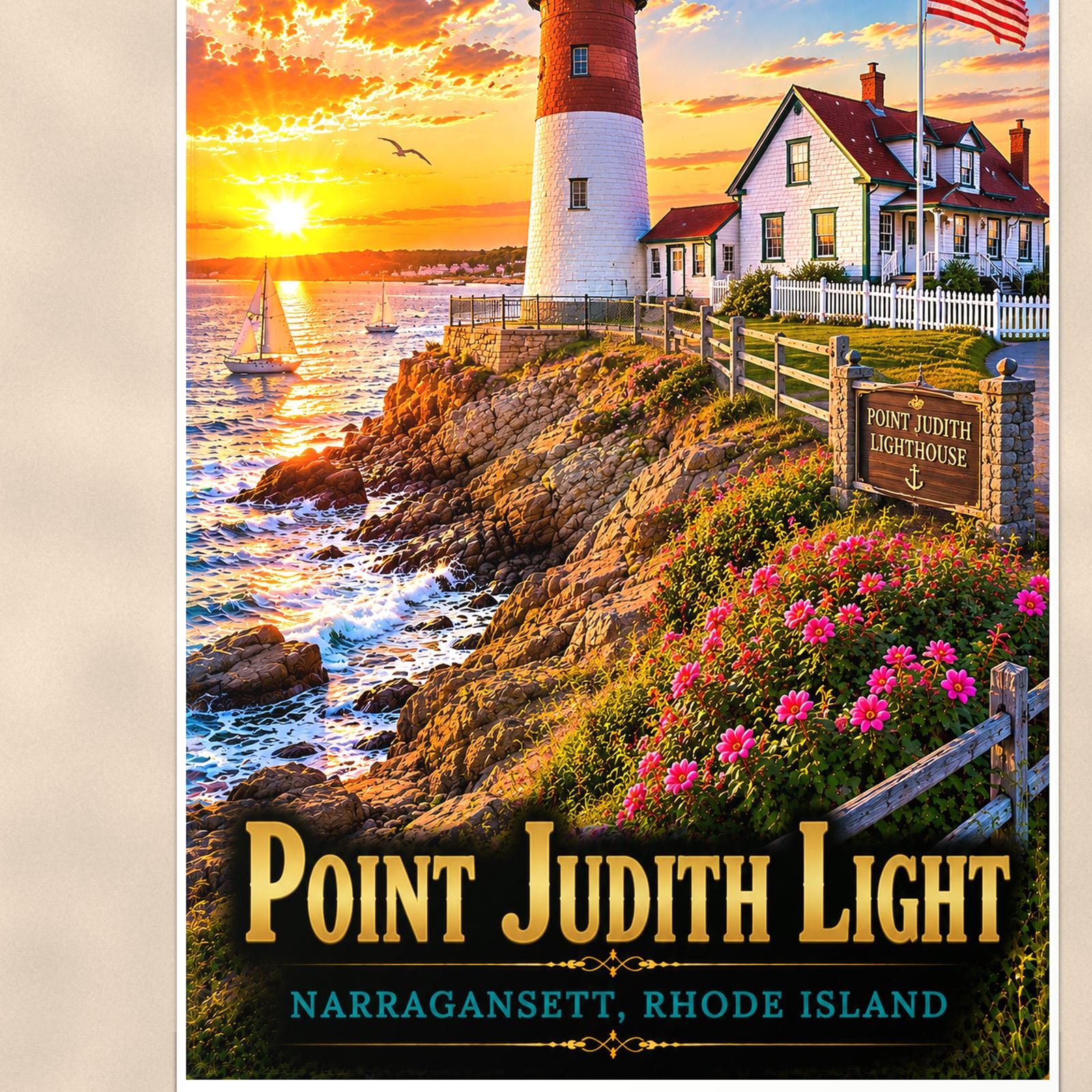 Coastal lighthouse at sunset — 24x36 in art print poster, premium luster paper with a white border; close-up framed on the main subject of the artwork, paper surface visible.