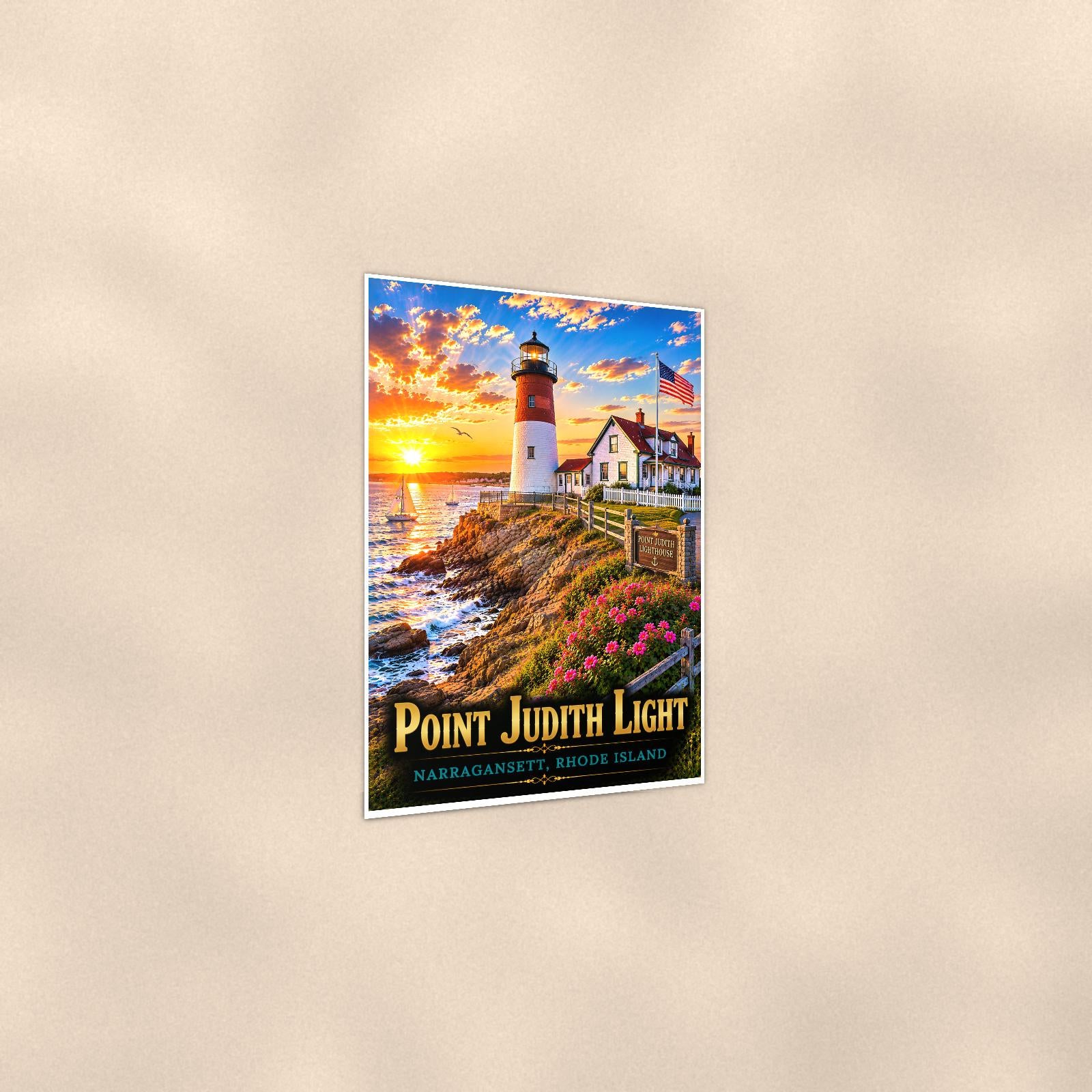 Coastal lighthouse at sunset — 24x36 in art print poster, premium luster paper with a white border; gentle three-quarter angle on a warm wall, showing the flat paper edge.