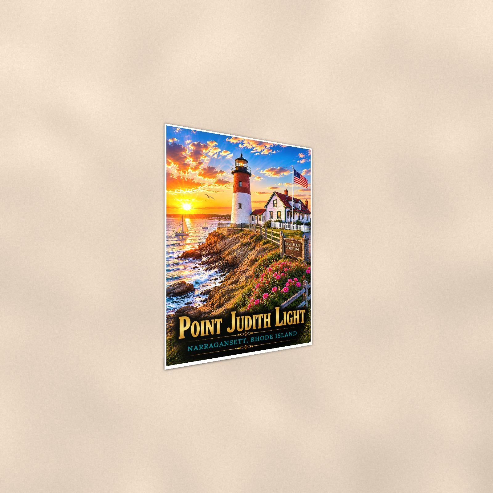Coastal lighthouse at sunset — 24x36 in art print poster, premium luster paper with a white border; steeper three-quarter angle on a warm wall, catching the luster sheen.