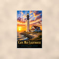 Coastal lighthouse at sunset — 24x36 in art print poster, premium luster paper with a white border; poster shown straight on against a warm wall.