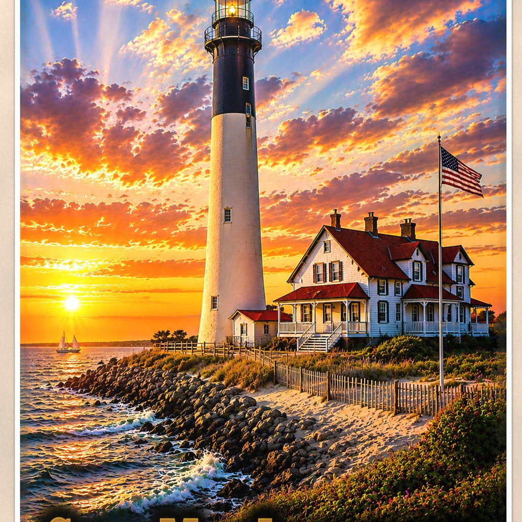 Coastal lighthouse at sunset — 24x36 in art print poster, premium luster paper with a white border; close-up framed on the main subject of the artwork, paper surface visible.