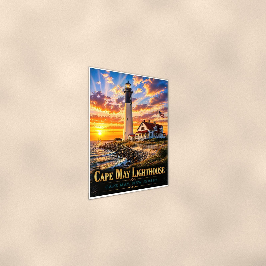 Coastal lighthouse at sunset — 24x36 in art print poster, premium luster paper with a white border; steeper three-quarter angle on a warm wall, catching the luster sheen.