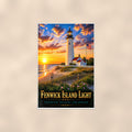 Coastal lighthouse at sunset — 24x36 in art print poster, premium luster paper with a white border; poster shown straight on against a warm wall.