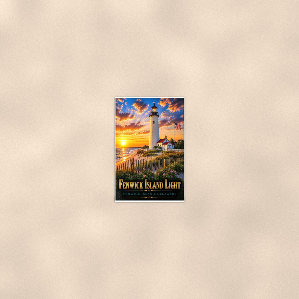 Coastal lighthouse at sunset — 24x36 in art print poster, premium luster paper with a white border; poster seen from further back, at true 24x36 in scale on a warm wall.