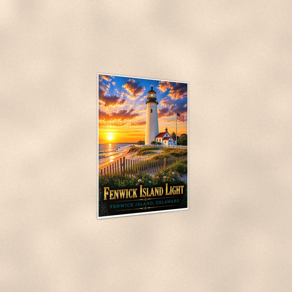 Coastal lighthouse at sunset — 24x36 in art print poster, premium luster paper with a white border; gentle three-quarter angle on a warm wall, showing the flat paper edge.