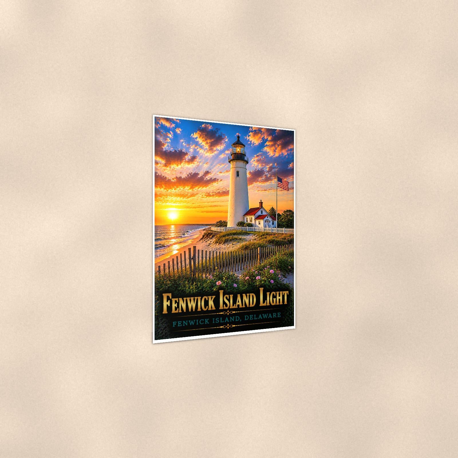 Coastal lighthouse at sunset — 24x36 in art print poster, premium luster paper with a white border; gentle three-quarter angle on a warm wall, showing the flat paper edge.