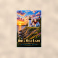 Coastal lighthouse at sunset — 24x36 in art print poster, premium luster paper with a white border; poster shown straight on against a warm wall.