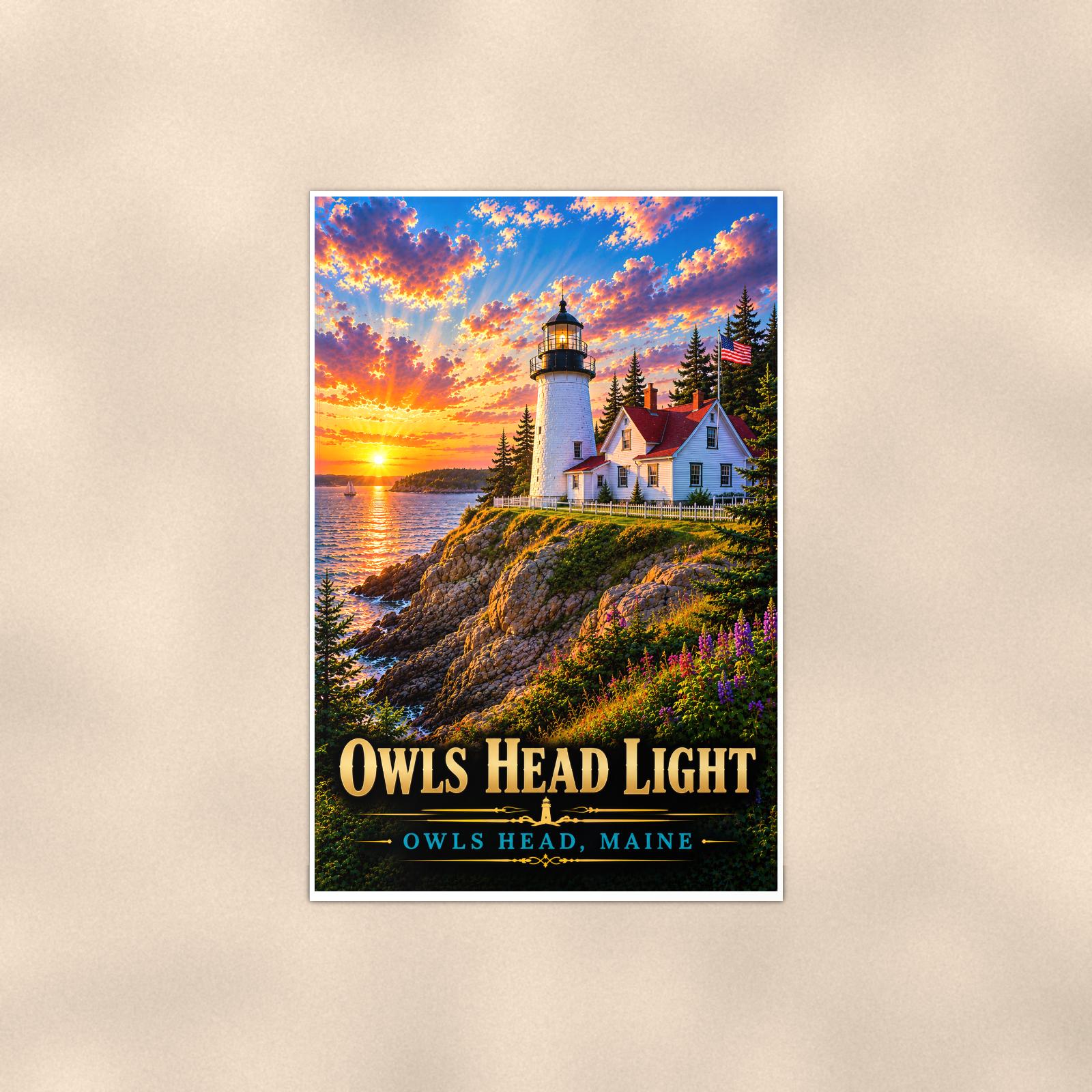 Coastal lighthouse at sunset — 24x36 in art print poster, premium luster paper with a white border; poster shown straight on against a warm wall.