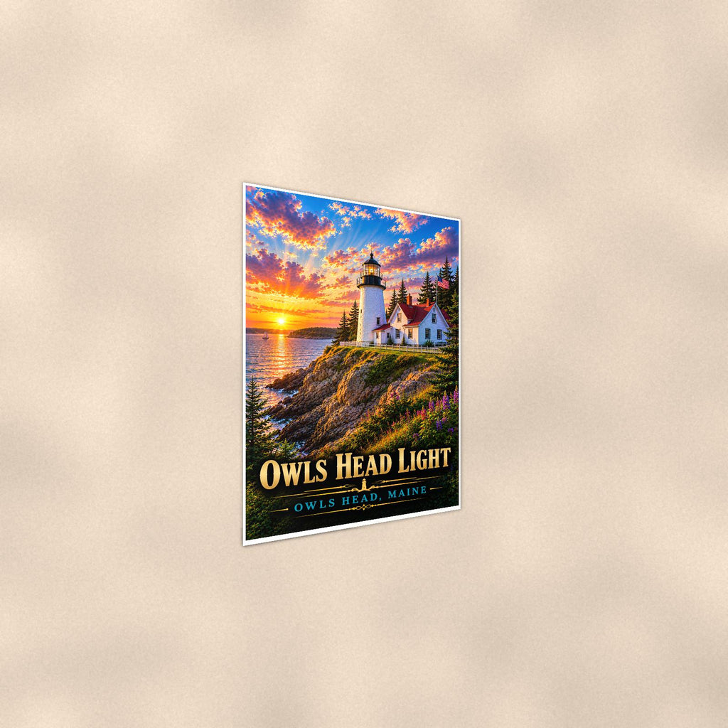 Coastal lighthouse at sunset — 24x36 in art print poster, premium luster paper with a white border; steeper three-quarter angle on a warm wall, catching the luster sheen.