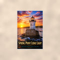 Coastal lighthouse at sunset — 24x36 in art print poster, premium luster paper with a white border; poster shown straight on against a warm wall.