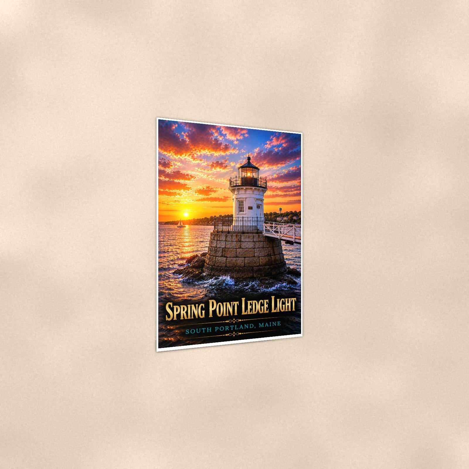 Coastal lighthouse at sunset — 24x36 in art print poster, premium luster paper with a white border; gentle three-quarter angle on a warm wall, showing the flat paper edge.