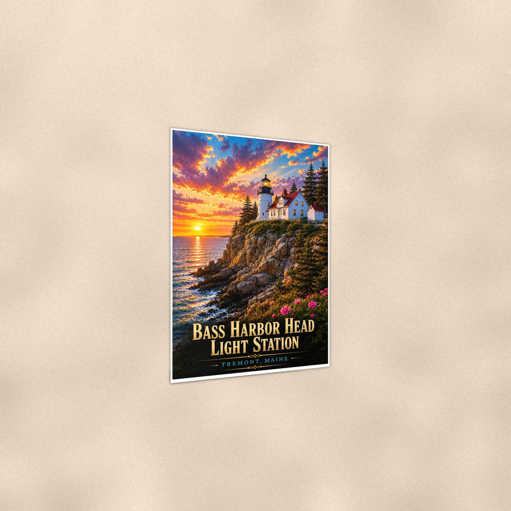 Coastal lighthouse at sunset — 24x36 in art print poster, premium luster paper with a white border; gentle three-quarter angle on a warm wall, showing the flat paper edge.
