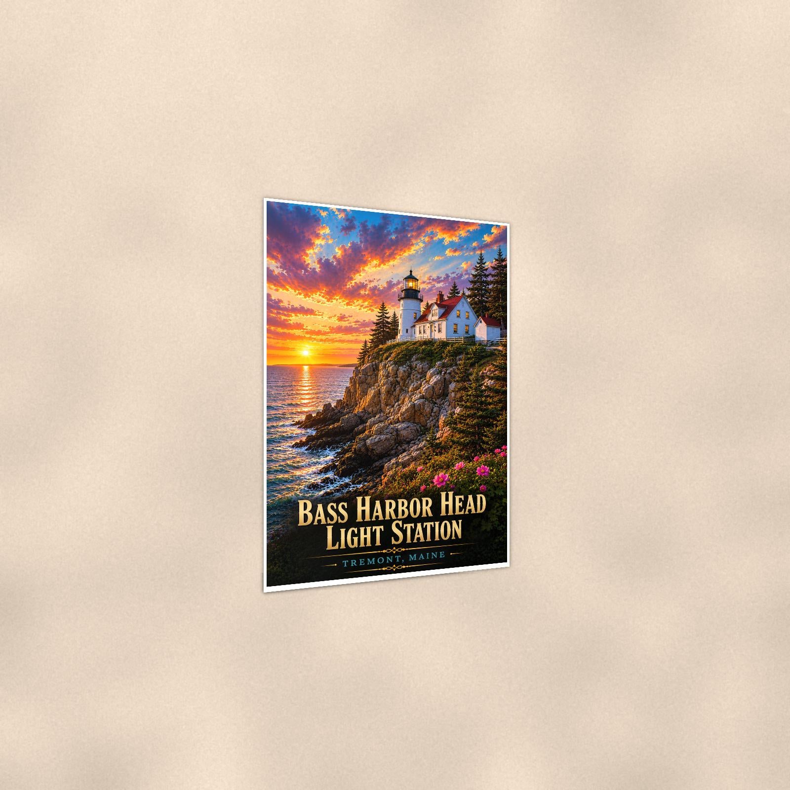 Coastal lighthouse at sunset — 24x36 in art print poster, premium luster paper with a white border; gentle three-quarter angle on a warm wall, showing the flat paper edge.