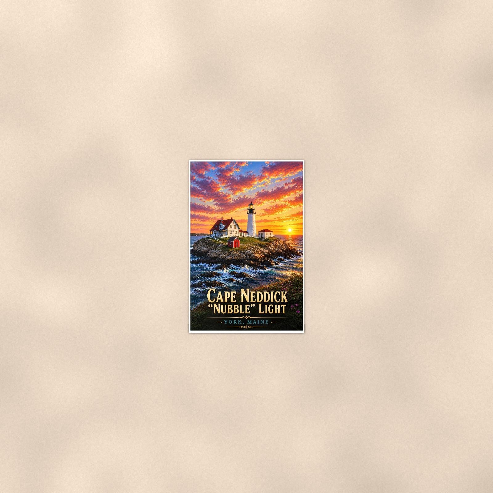 Coastal lighthouse at sunset — 24x36 in art print poster, premium luster paper with a white border; poster seen from further back, at true 24x36 in scale on a warm wall.