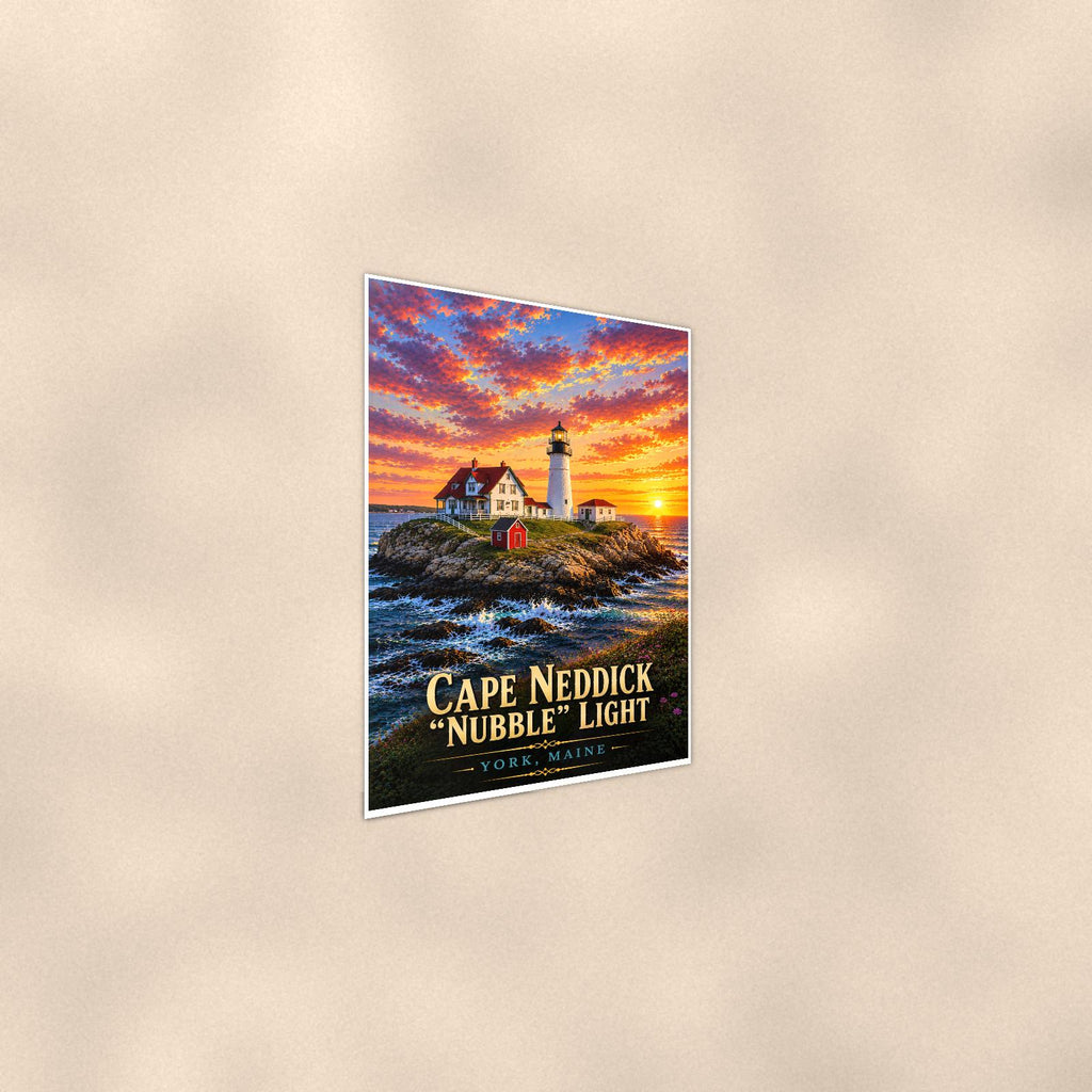 Coastal lighthouse at sunset — 24x36 in art print poster, premium luster paper with a white border; steeper three-quarter angle on a warm wall, catching the luster sheen.