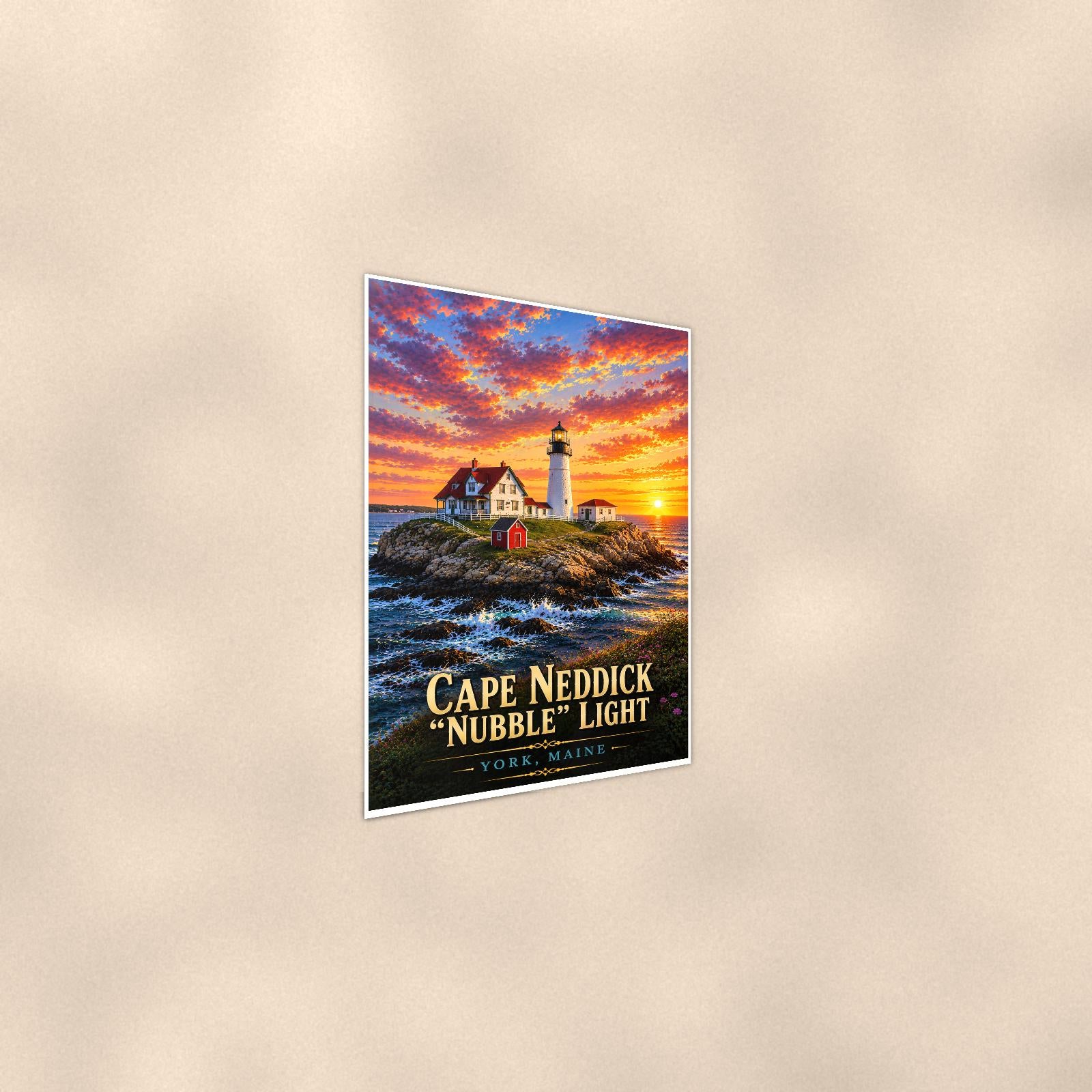 Coastal lighthouse at sunset — 24x36 in art print poster, premium luster paper with a white border; steeper three-quarter angle on a warm wall, catching the luster sheen.