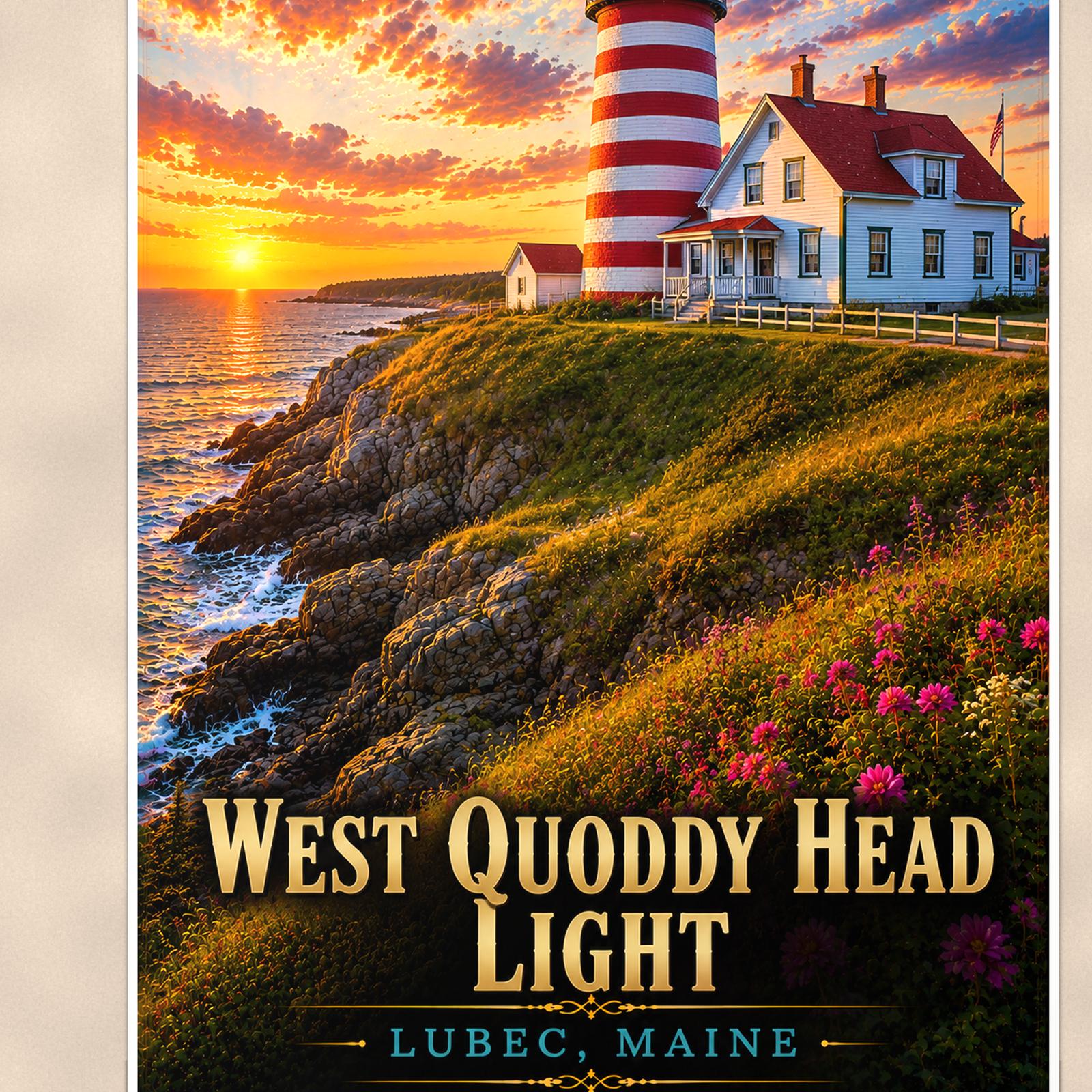 Coastal lighthouse at sunset — 24x36 in art print poster, premium luster paper with a white border; close-up framed on the main subject of the artwork, paper surface visible.