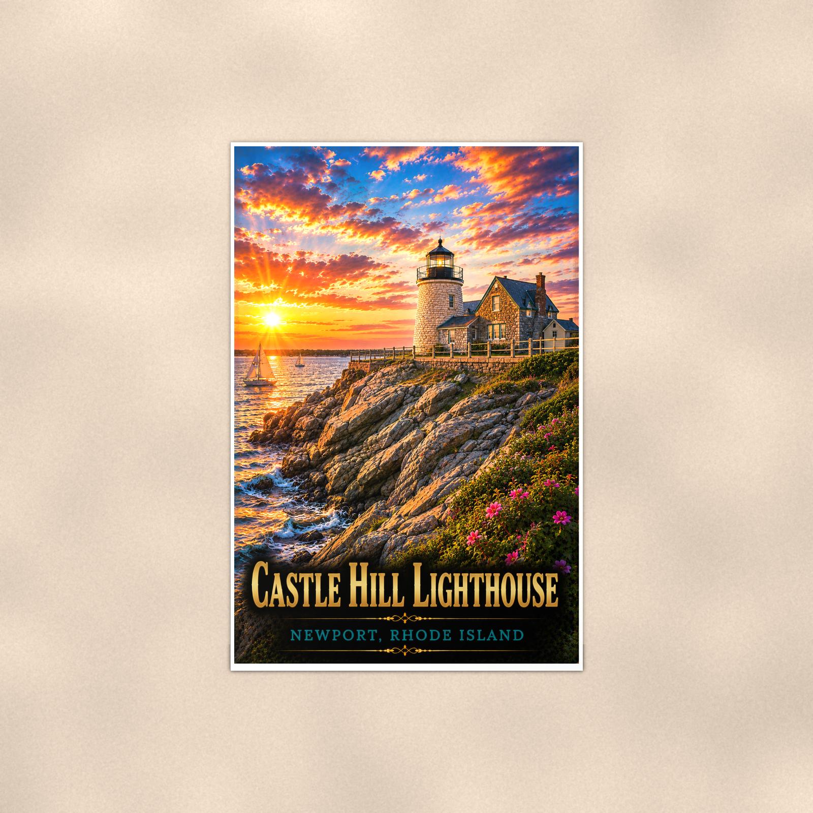 Coastal lighthouse at sunset — 24x36 in art print poster, premium luster paper with a white border; poster shown straight on against a warm wall.