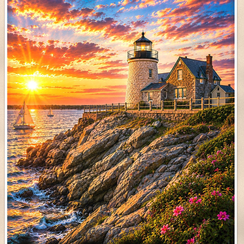 Coastal lighthouse at sunset — 24x36 in art print poster, premium luster paper with a white border; close-up framed on the main subject of the artwork, paper surface visible.
