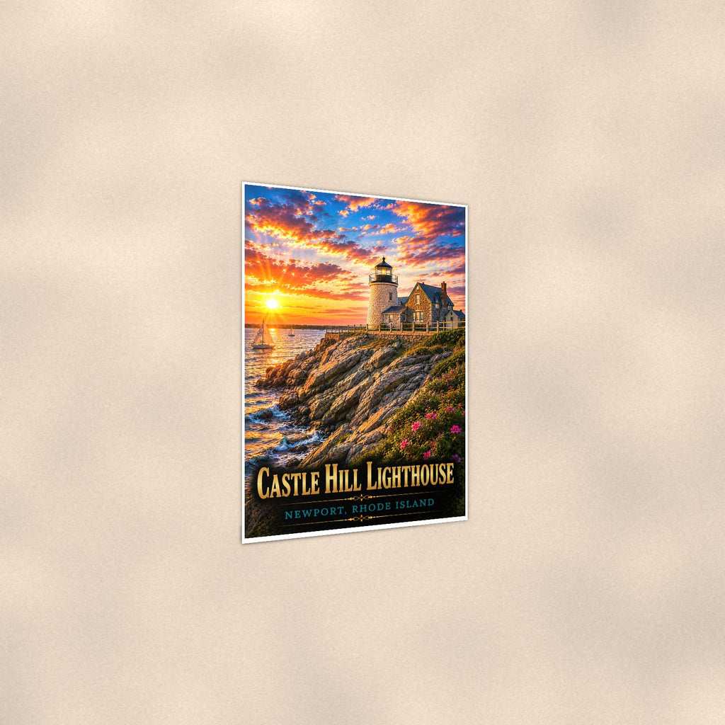 Coastal lighthouse at sunset — 24x36 in art print poster, premium luster paper with a white border; gentle three-quarter angle on a warm wall, showing the flat paper edge.